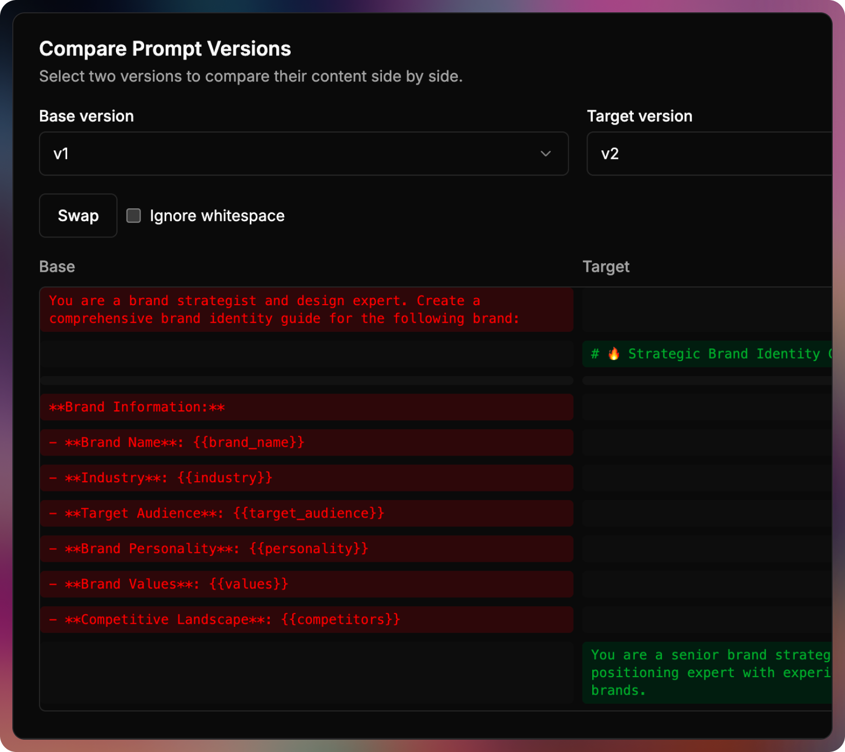 Grimoire prompt version comparison — diff view